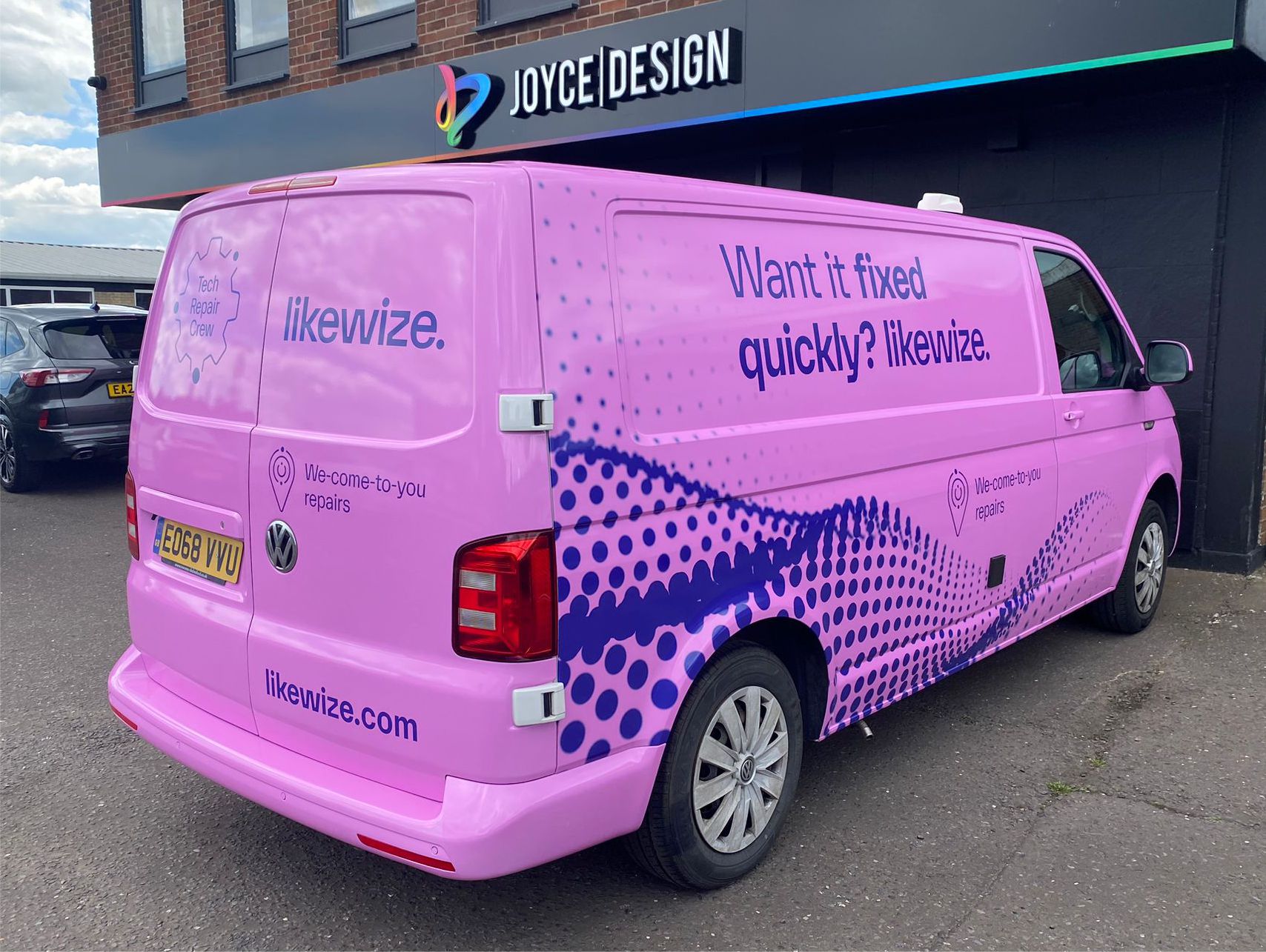 Photo of a van wrapped in pink vinyl to illustrate Joyce Design case study of vehicle wrapping for Likewize.