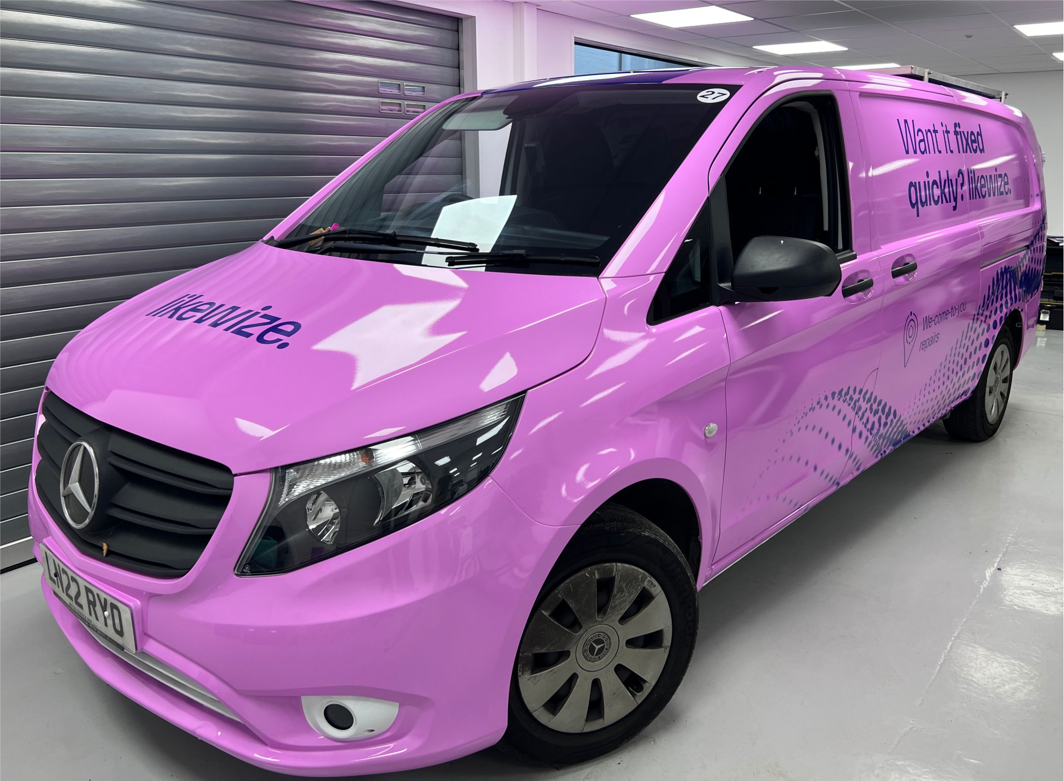 Vito van in pink and purple wrapping to illustrate Joyce Design case study on vehicle wrapping for Likewize. 